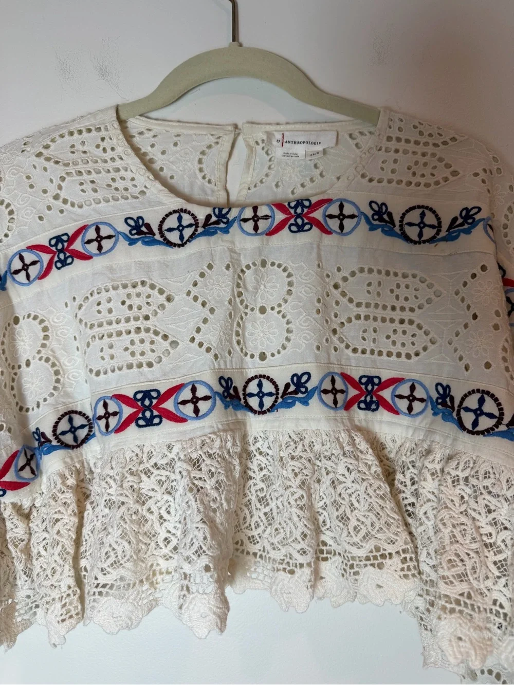 Anthropologie Embroidered Eyelet Lace Crochet Ultra Cropped Shrug XS/S Boho